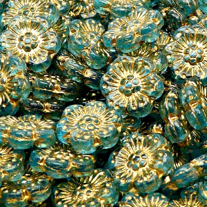 8pcs Czech Pressed Glass Flat Flower Beads 14mm Light Aquamarine Golden Fired Color