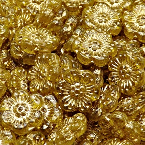 8pcs Czech Pressed Glass Flat Flower Beads 14mm Amber Golden Fired Color