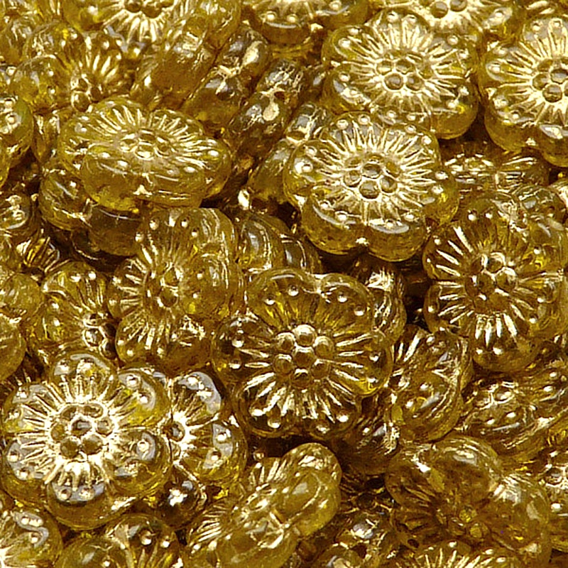 8pcs Czech Pressed Glass Flat Flower Beads 14mm Amber Golden Fired Color