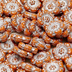 8pcs Czech Pressed Glass Flat Flower Beads 14mm Opaque Orange Silver Fired Color