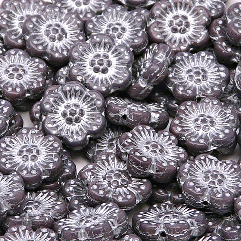 8pcs Czech Pressed Glass Flat Flower Beads 14mm Opaque Amethyst Silver Fired Color