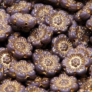 8pcs Czech Pressed Glass Flat Flower Beads 14mm Opaque Amethyst Golden Fired Color