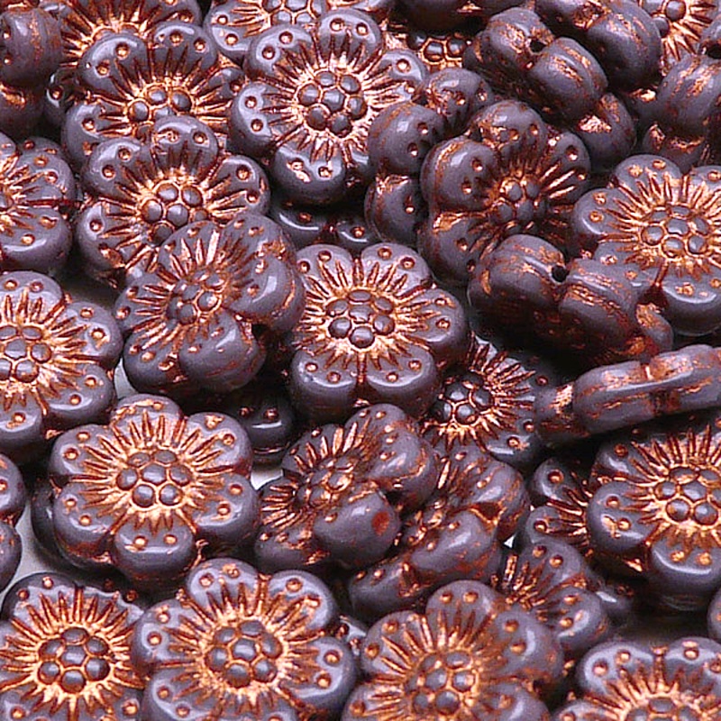 8pcs Czech Pressed Glass Flat Flower Beads 14mm Opaque Amethyst Bronze Fired Color