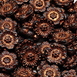 8pcs Czech Pressed Glass Flat Flower Beads 14mm Jet Bronze Fired Color