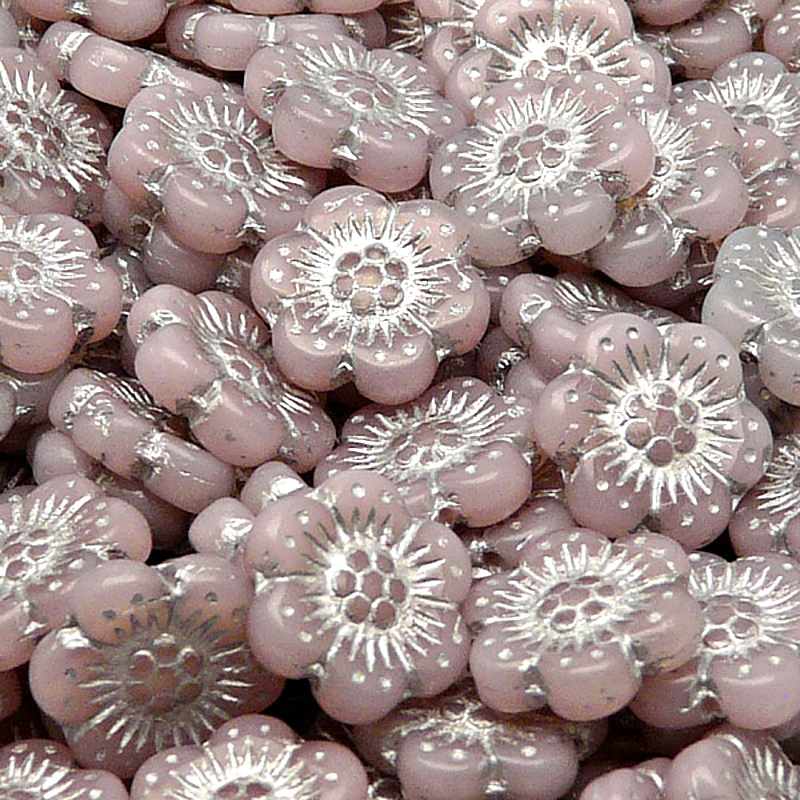 8pcs Czech Pressed Glass Flat Flower Beads 14mm Pink Alabaster Silver Fired Color