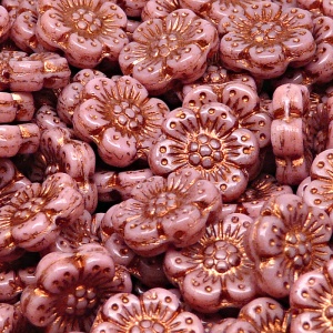 8pcs Czech Pressed Glass Flat Flower Beads 14mm Opaque Pink Bronze Fired Color