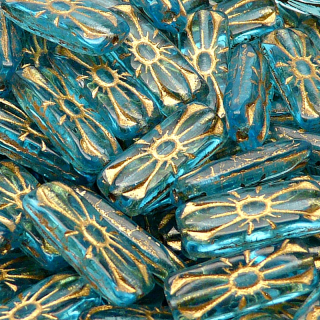 8pcs Czech Pressed Glass Rectangular Beads with Floral Motif 20x8mm Aquamarine Golden Fired Color