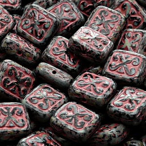 8pcs Czech Pressed Glass Ornamental Rectangle Beads 11x12mm Jet Travertine Pink Fired Color